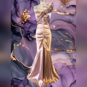 Blondie Nites Rose Gold One Shoulder Gown Lined With Roses